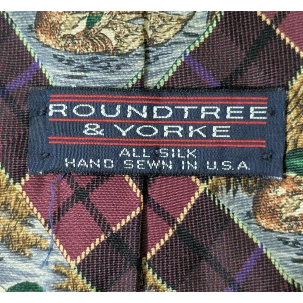 Roundtree & Yorke Duck Outdoor Wildlife Plaid Silk Hand Sewn USA Tie 57 x 4